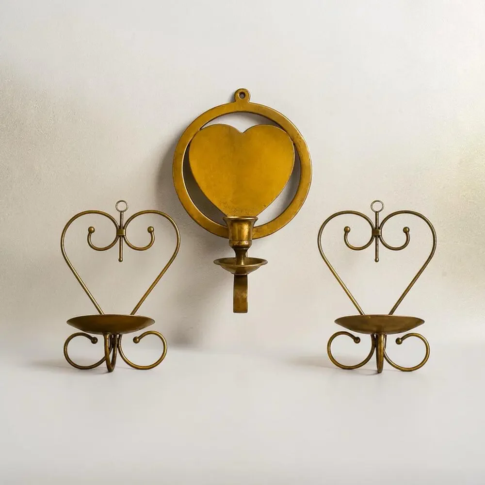 Styled Vintage Brass Heart Collection | Wall Sconce & Pair of Heart Taper Holder